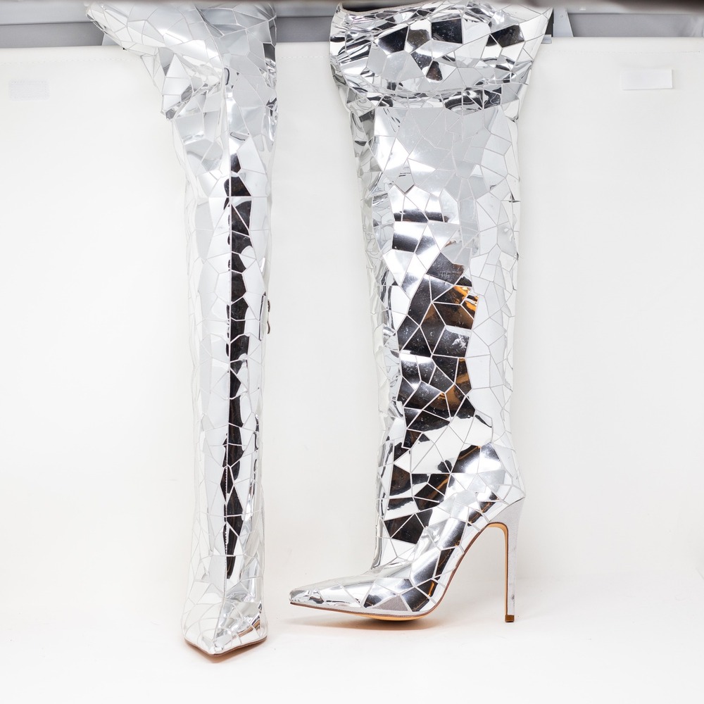 NEW Azalea Wang Shattered Disco Over The Knee High Heels Boots Shoes Silver 6
